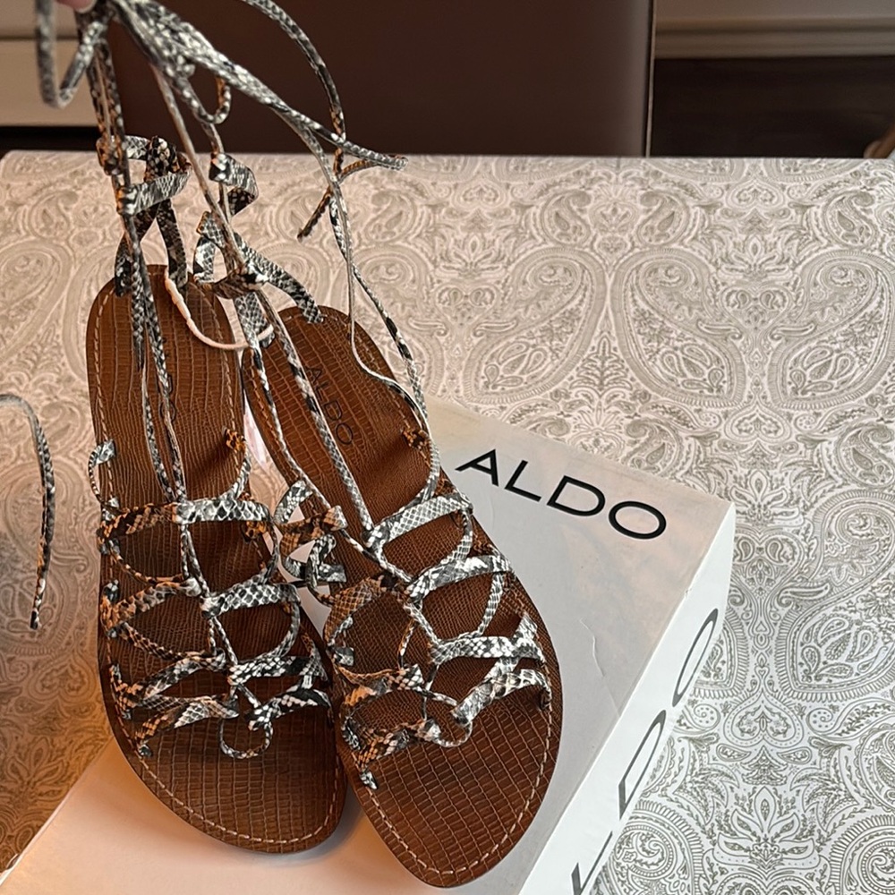 Aldo Strappy Sandals - Faux Snakeskin Cream and Black